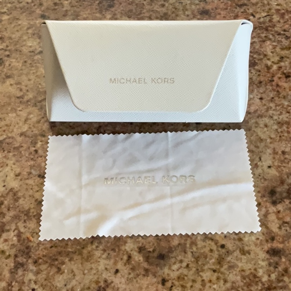 Michael Kors hard shell white eyewear case holder with cleaning cloth.